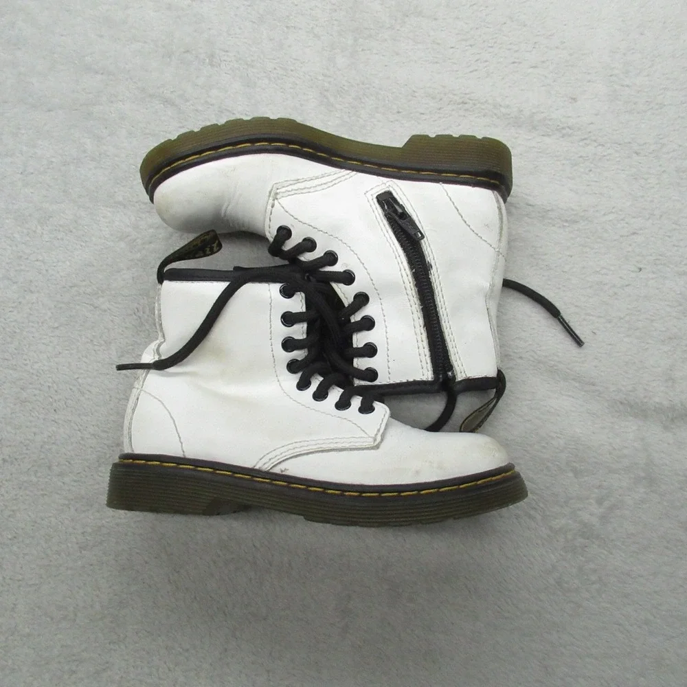 Dr. Martens Kids 11 Combat Boots White‎ Leather Side Zip Lace Up AirWair Classic
